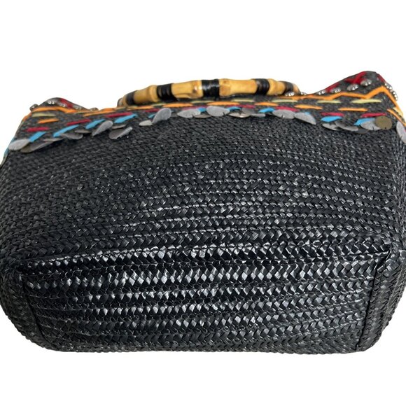 Black Woven Tote With Bamboo Handles & Colorful Embellishments - Picture 3 of 11